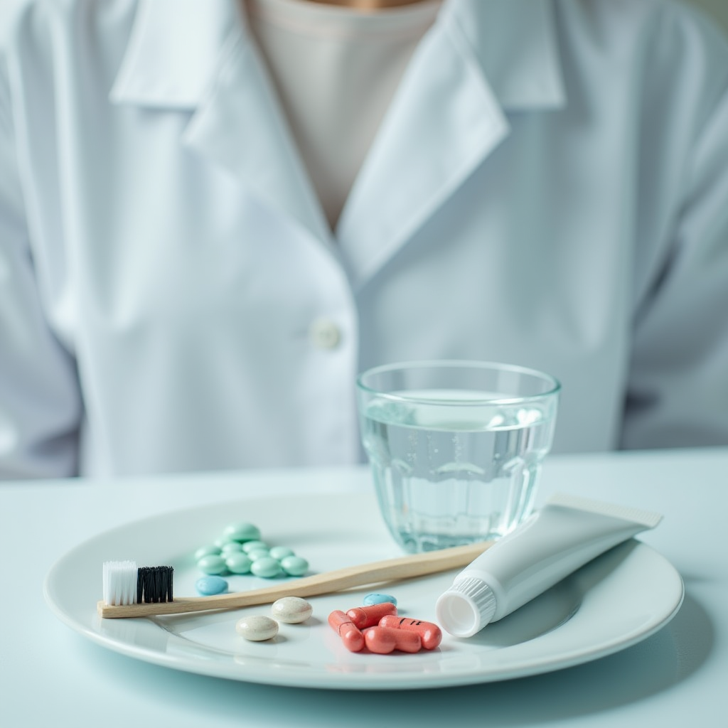 A plate holds a toothbrush, toothpaste, pills, and a glass of water, with a person in a white coat in the background.