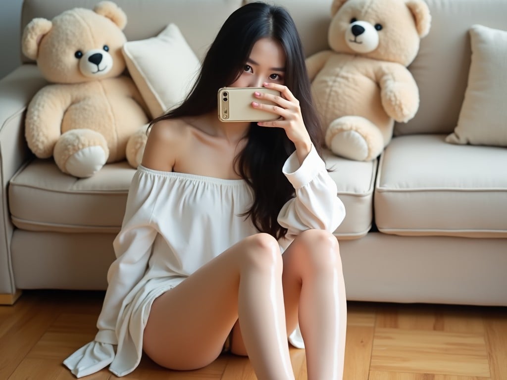 Woman in a white off-shoulder dress taking a mirror selfie, surrounded by teddy bears on a sofa in a cozy room with soft lighting.