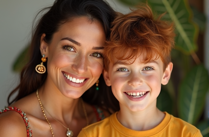 A woman and a young boy with red hair are smiling brightly together.