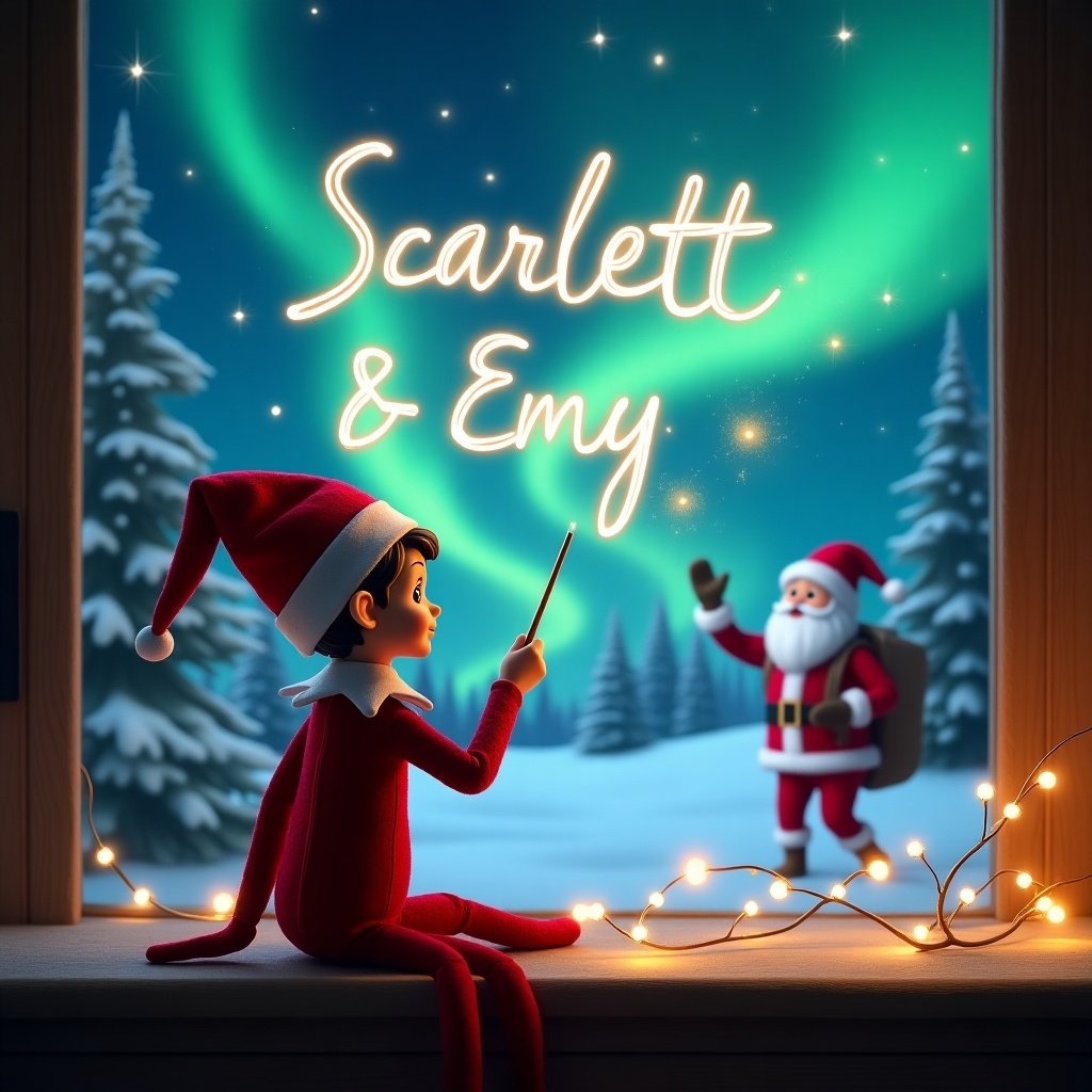 An elf on the shelf, dressed in a red suit, is seen from behind, pointing a wand towards the sky in a magical winter scene. The sky is filled with vibrant northern lights, creating an enchanting atmosphere. In the background, Santa Claus can be seen, adding to the festive mood. The names 'Scarlett & Em' are beautifully written in the sky, as if by magic. The elf's expression is one of joy and wonder, capturing the spirit of Christmas. The overall image is lively with lights embellishing the window frame, embodying the warmth and excitement of the holiday season.