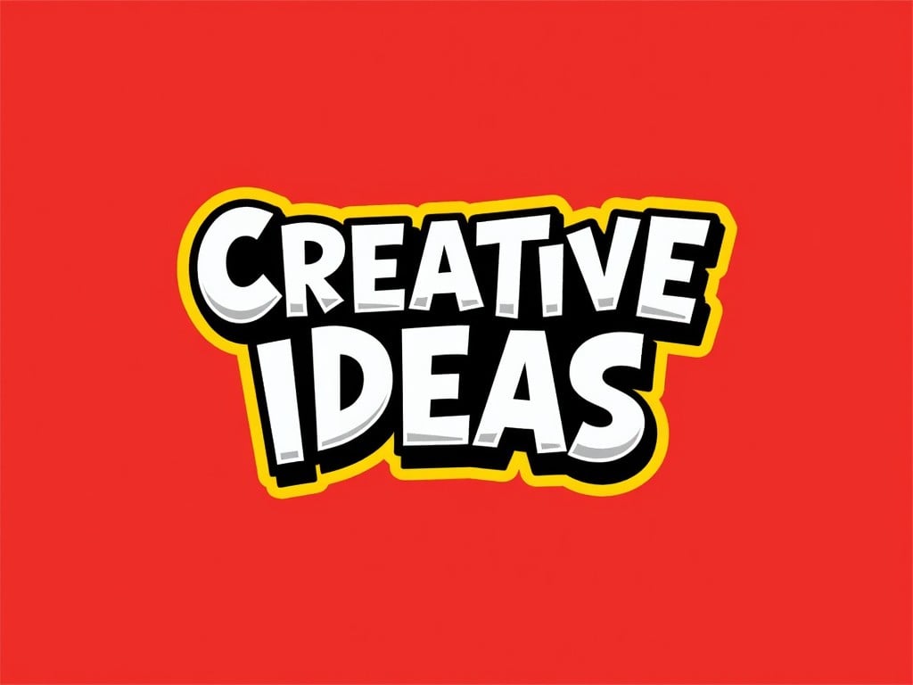 This image features bold text that spells 'Creative Ideas' in a playful, cartoon-style font. The text is prominently displayed against a bright red background, with a distinctive black and yellow outline that enhances its visibility. The overall design is vibrant and energetic, aimed to inspire and capture attention.