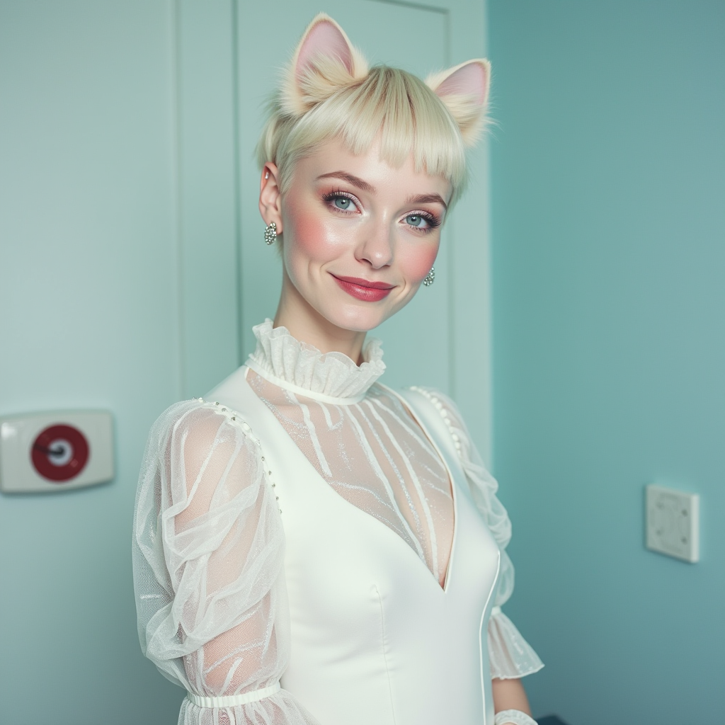 A person wearing a white dress with sheer sleeves and cat ears posing against a teal background.