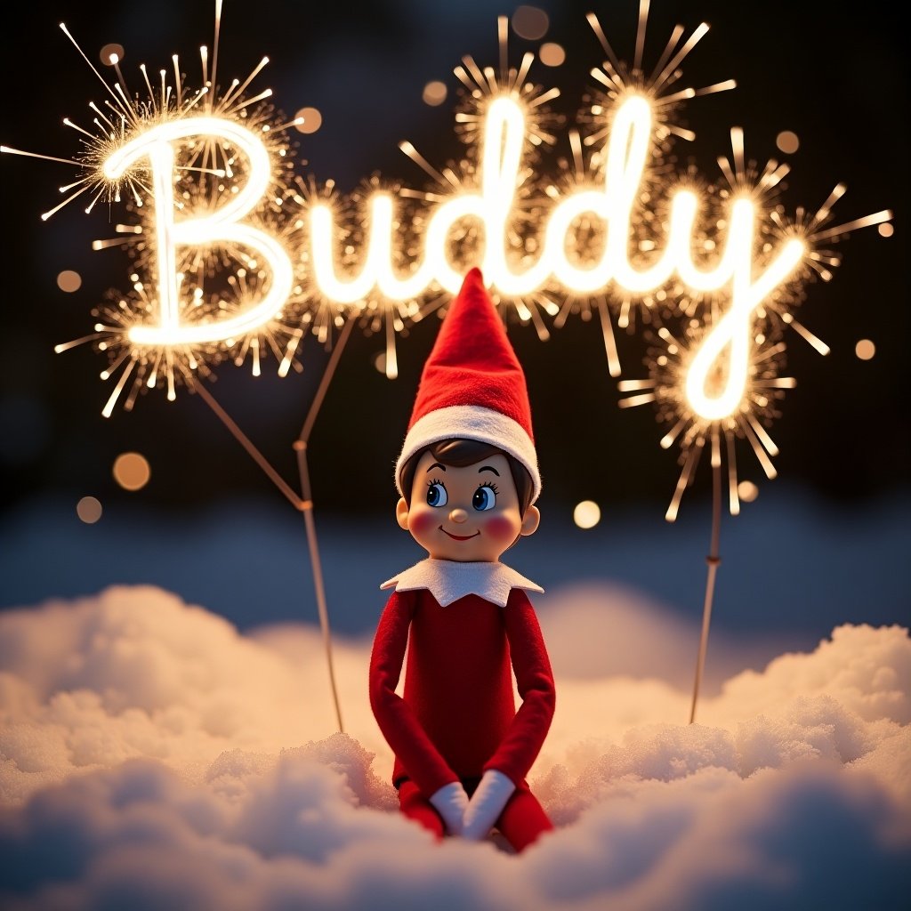 This image features the cheerful Elf on the Shelf named Buddy, sitting amidst a snowy scene at night. The elf is dressed in a bright red outfit with a pointy hat, surrounded by soft, fluffy snow. Above, the name 'Buddy' sparkles in the sky, crafted from glowing sparklers, creating a magical ambiance. The overall atmosphere is festive and enchanting, ideal for celebrating the holiday season. This scene captures the joy and wonder of Christmas.