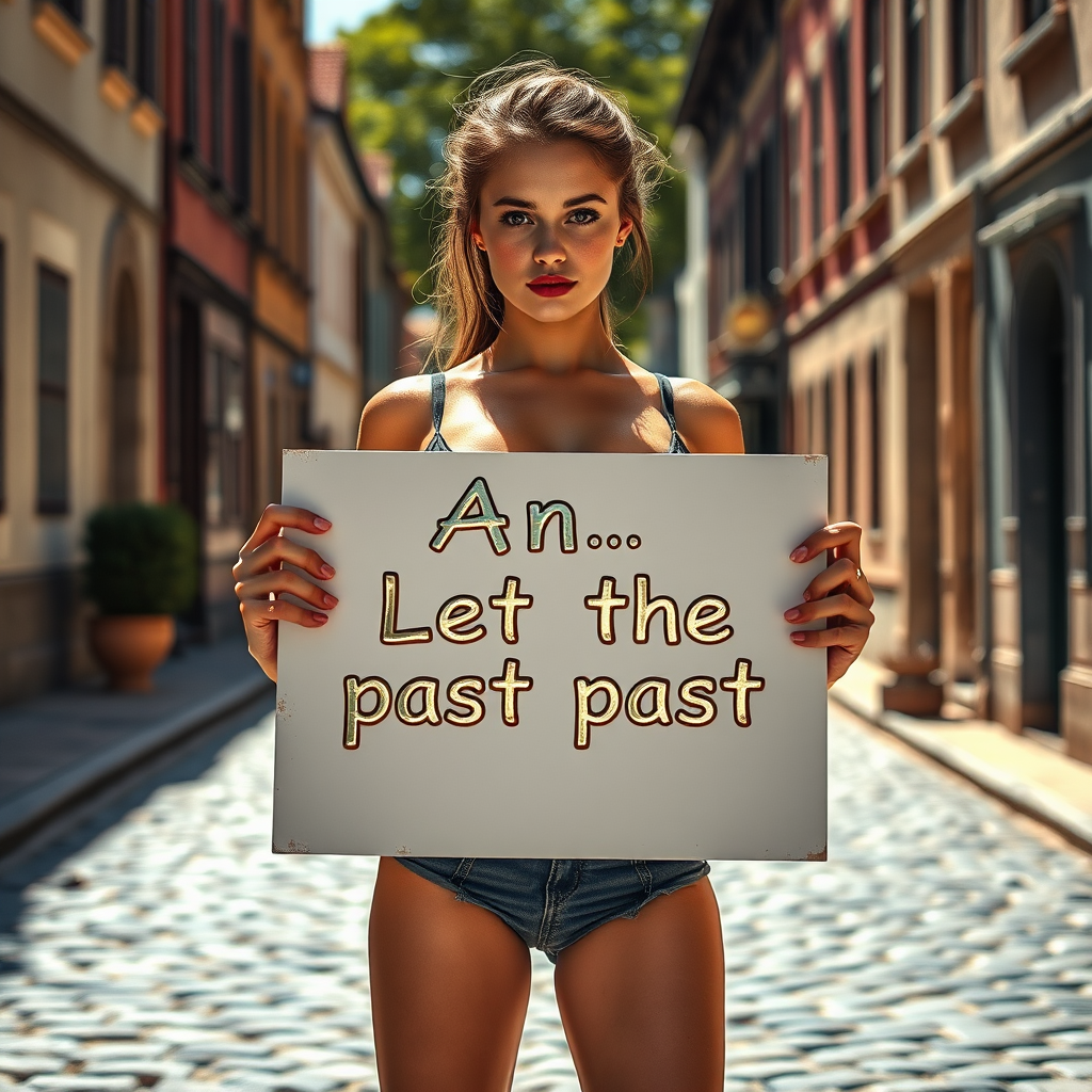 A woman in a casual outfit holds a sign reading 'An... Let the past past' while standing on a sunlit cobblestone street lined with buildings.