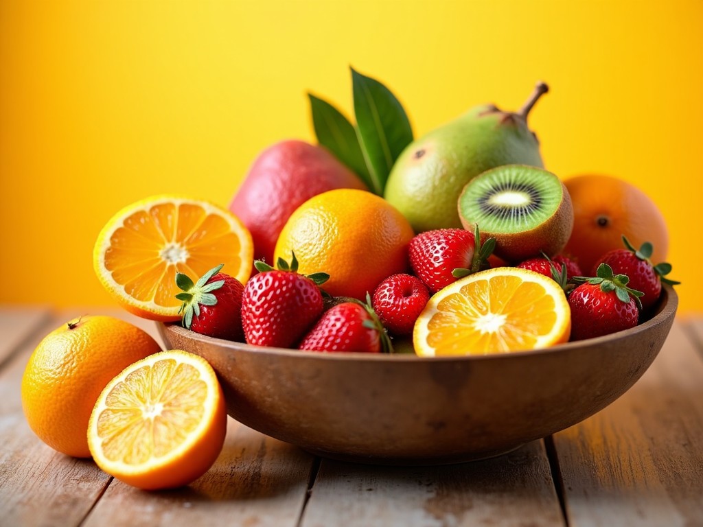 A vibrant, eye-catching photograph of a bowl filled with fresh fruits including oranges, strawberries, kiwi, and pears against a bright yellow background.