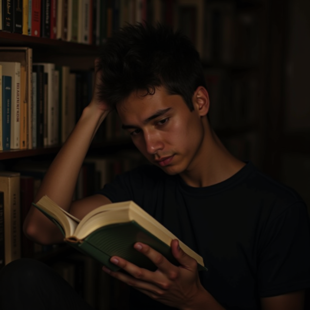 A young man sits in a library reading a book intently.