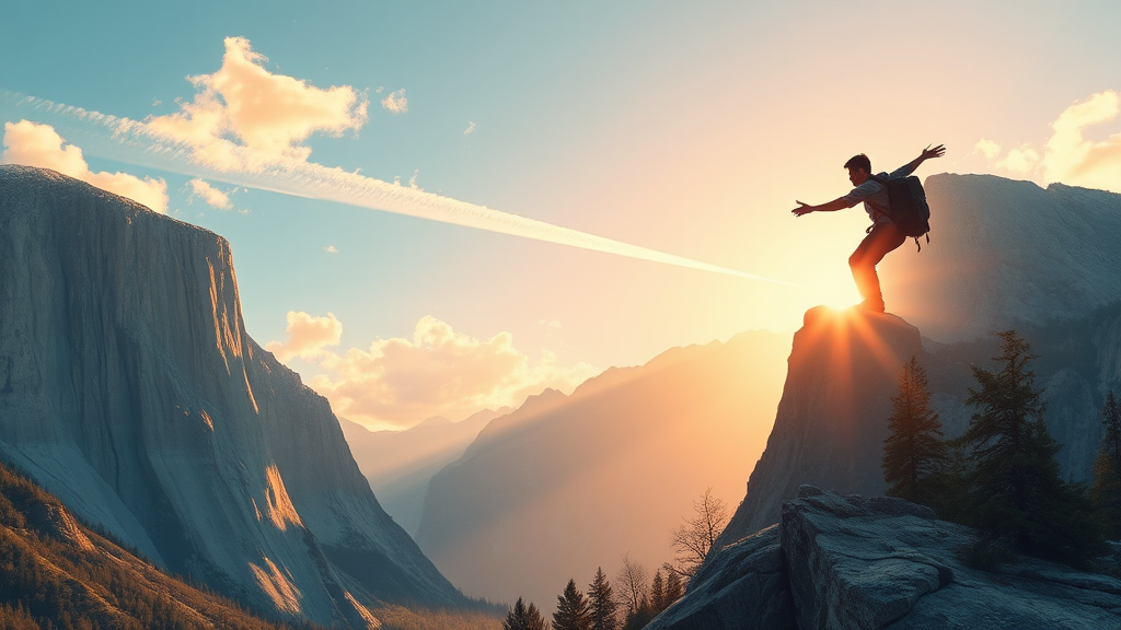 A lone adventurer stands triumphantly on a mountain peak at sunset, silhouetted against a vibrant sky.