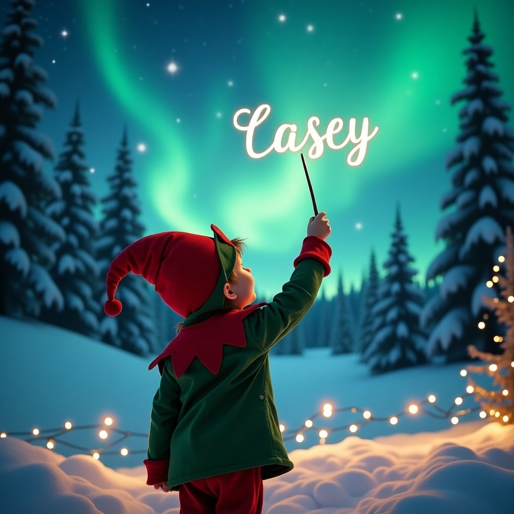 A scene showing a child dressed in an elf costume with their back to the viewer. The child is looking up at the sky while using a wand to write ‘Casey’, creating a magical atmosphere. The background features beautiful northern lights sparkling above a winter landscape dotted with snow-covered trees. Twinkling lights are present in the foreground, creating a cozy ambiance. The overall mood is cheerful and festive, perfect for the holiday season.