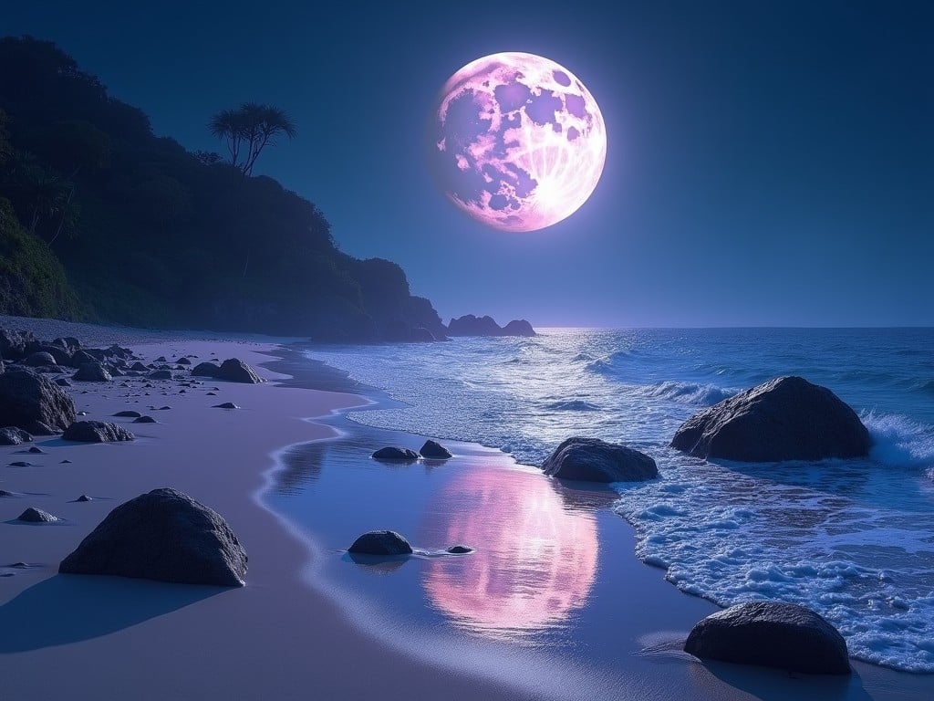 a serene beach at night with a large glowing moon and gentle waves