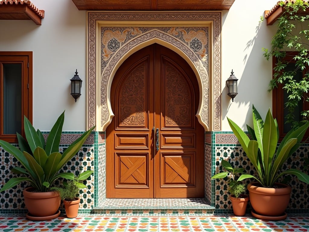 Image of a Moroccan style doorway with wooden carved doors and potted plants