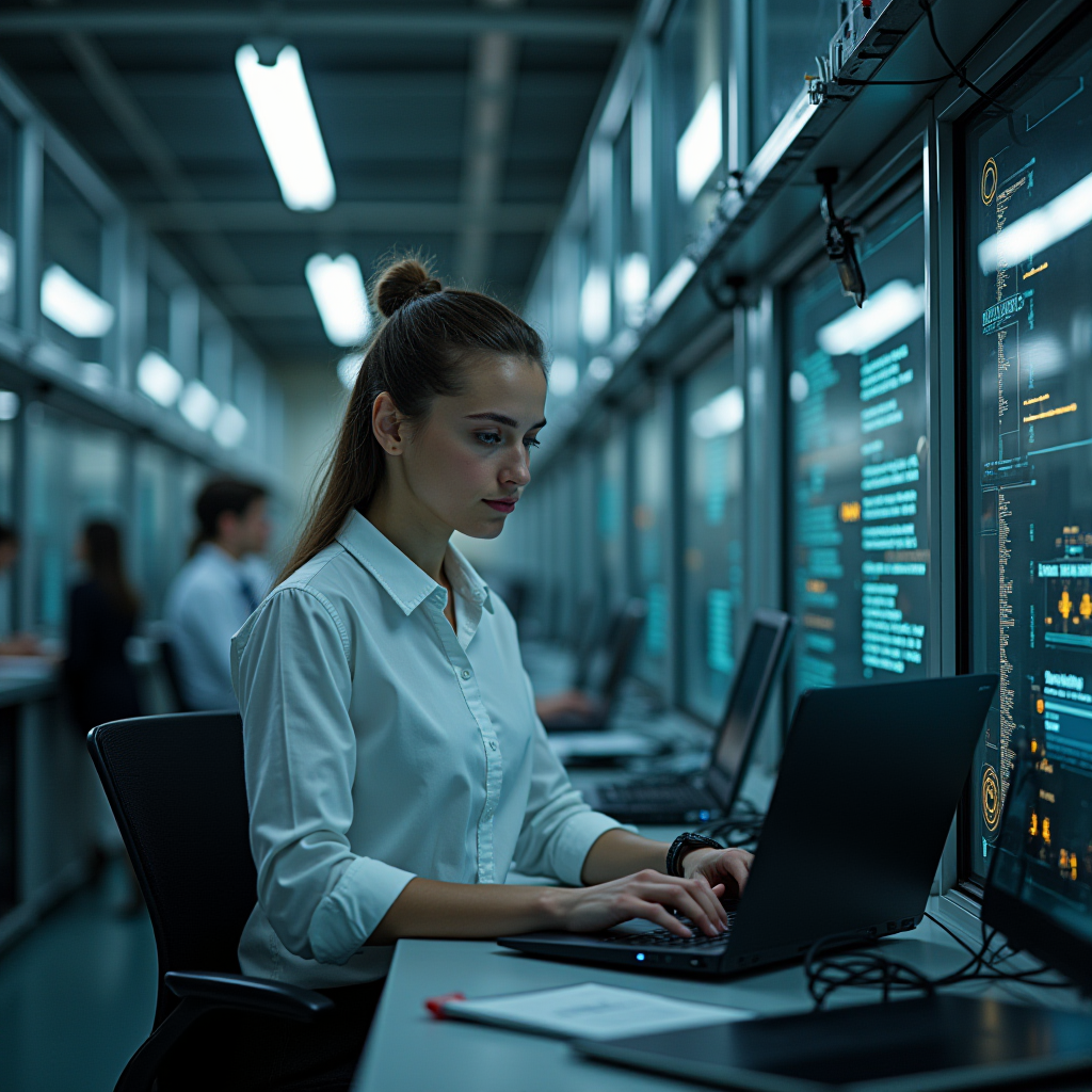 A woman working intensely on a laptop in a high-tech office with multiple screens displaying code.