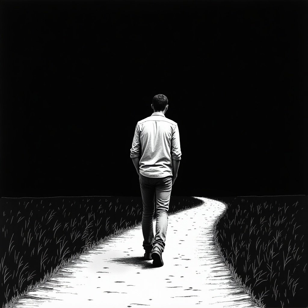 This image depicts a drawing of a man walking along a winding path. The background is entirely black, creating a strong contrast with the white path and grassy edges. The man is shown from the back, emphasizing his solitary journey. This composition evokes feelings of introspection and contemplation. The winding path suggests a journey through life, with the darkness symbolizing uncertainty ahead. Overall, it captures a moment of quiet reflection and solitude.