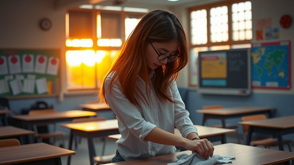 A young woman stands alone in a classroom, thoughtfully cleaning a desk as the sun sets outside the window. The warm glow of the sun casts a golden hue across the room, creating a peaceful and contemplative atmosphere. Educational posters and maps adorn the walls, highlighting the setting as a place of learning and growth.