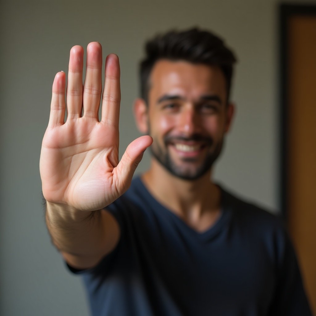 A real man is taking a selfie while holding his hand up. He is smiling warmly towards the camera, creating a friendly atmosphere. The background is softly blurred, emphasizing the subject. His hand is open and facing the viewer, making a welcoming gesture. The lighting is soft, giving a natural feel to the image. The man's expression conveys positivity and approachability. This image is perfect for representing connection and openness in communication.