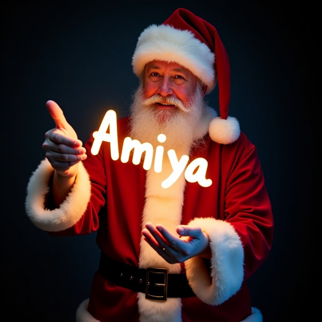 This image features Santa Claus wearing his traditional red and white suit. He is holding a glow stick that forms the name 'Amiya' in bright light. Santa's expression is jolly, exuding warmth and holiday cheer. The background is dark, enhancing the glow of the text. This festive scene captures the magic of Christmas and the joy of the season.