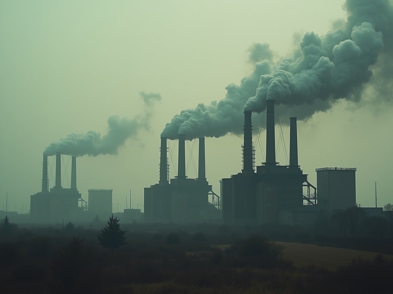 This image presents a dystopian view of industrial buildings lined up in the distance. Towering chimneys emit thick, dirty smoke that billows into the sky. The scene captures a sense of decay and pollution, highlighting the environmental impact of industrial activities. Muted colors create a somber atmosphere, enhancing the cinematic effect. The overall composition invites contemplation about industrialization and its consequences on the planet.