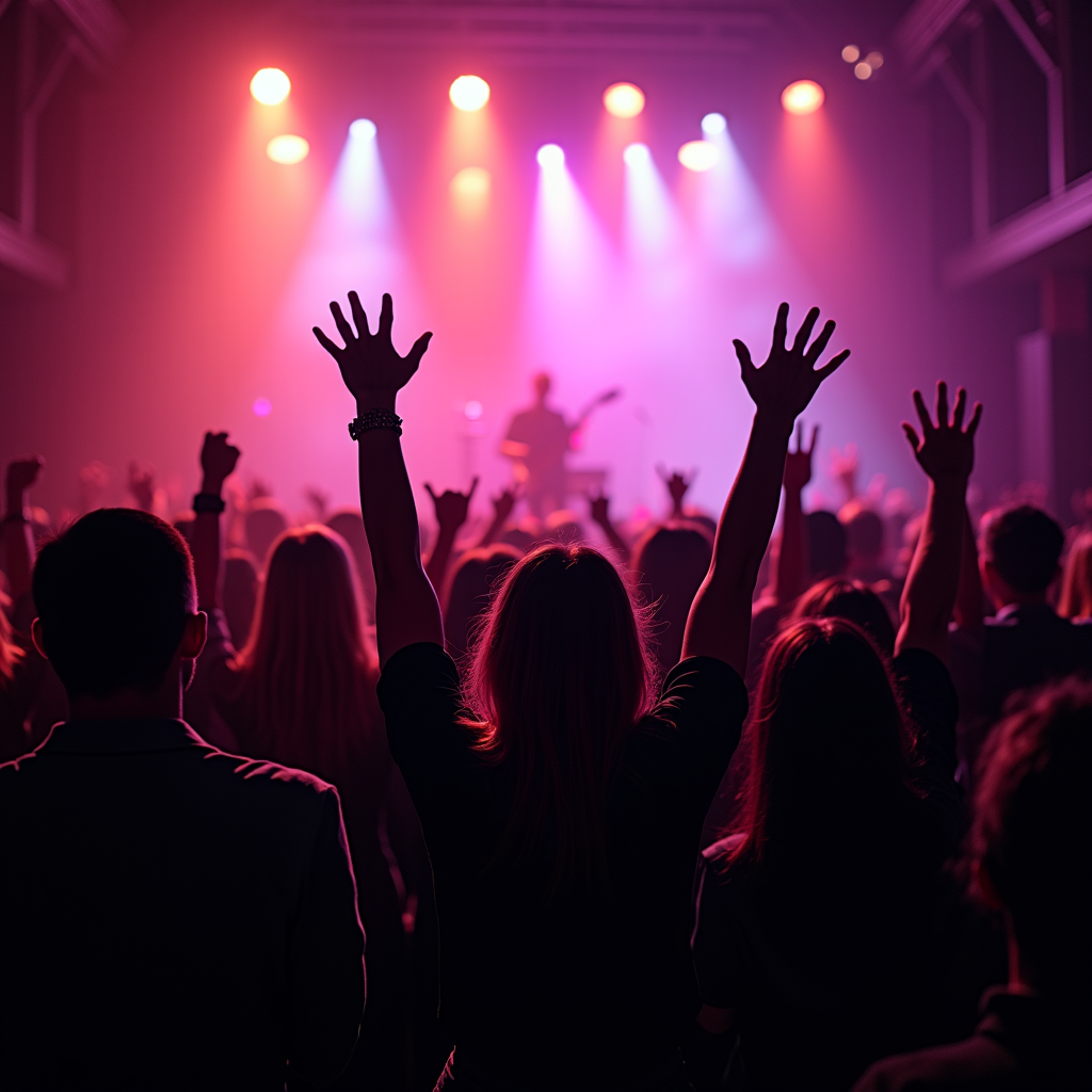 A lively concert scene with a crowd cheering and colorful stage lights.