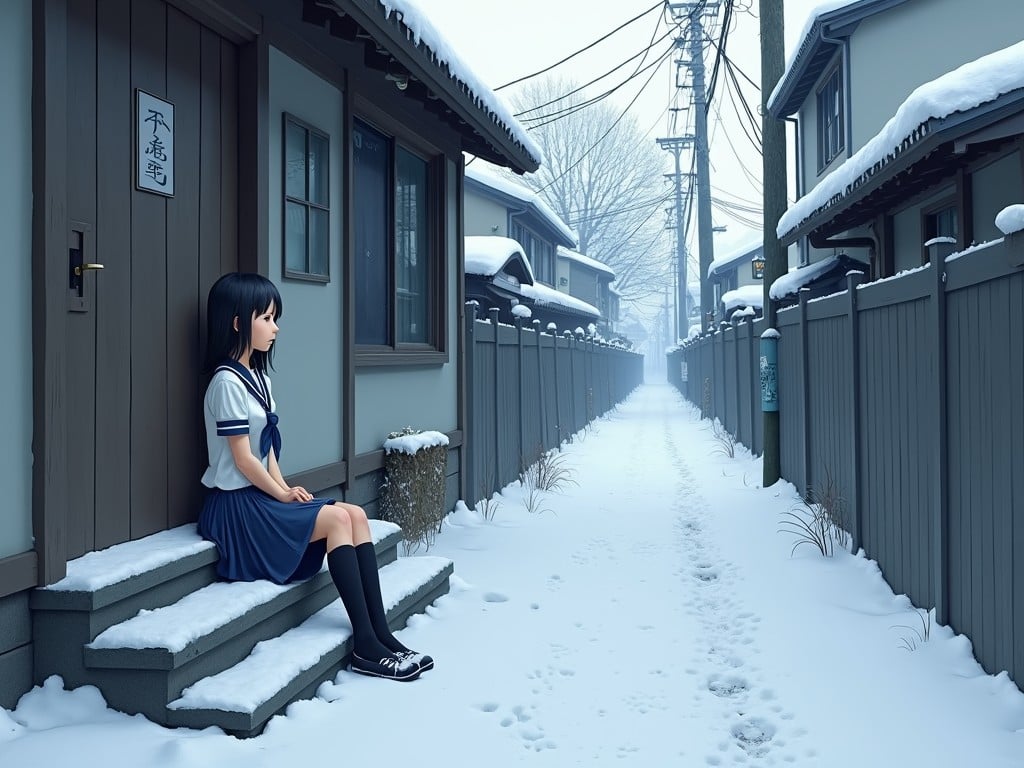 A young girl in a sailor-style school uniform is seated on the snow-covered steps outside a traditional Japanese home. The pathway is lined with snow-laden fences, indicating a serene winter setting. The muted colors and distant snow-capped rooftops create a calm and reflective atmosphere, highlighting the solitude of the scene.