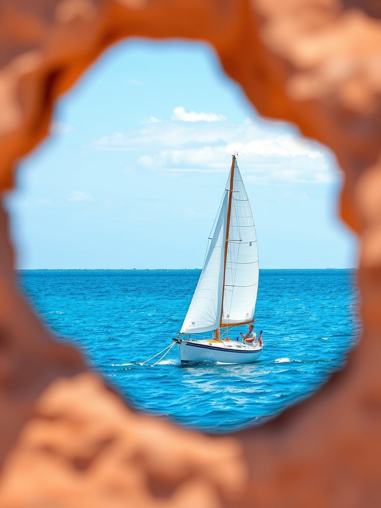 This captivating image features a sailboat gliding gracefully across a vivid blue ocean. The boat is seen through a circular rock formation, creating a natural frame that adds depth to the composition. The bright sky and the boat's white sails complement the rich hues of the sea, evoking a sense of adventure and tranquility.