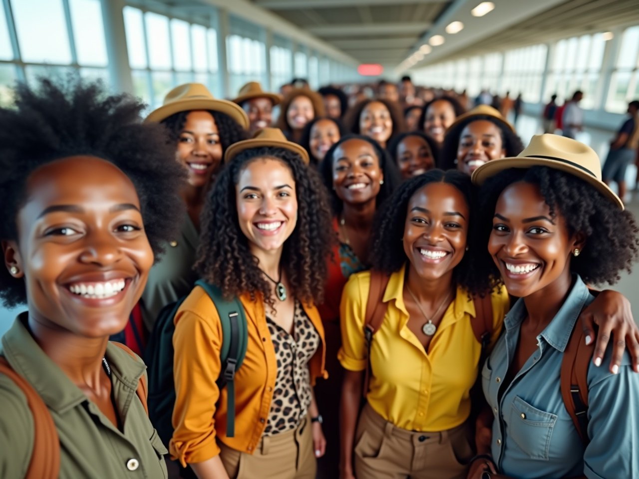 A large group of women stands in a bright and modern space, smiling joyfully at the camera. They are dressed in casual outdoor attire, creating a sense of adventure and camaraderie. The women have various hairstyles and skin tones, showcasing diversity and inclusion. The background is filled with natural light, giving off a warm and welcoming vibe. Their expressions reflect excitement and togetherness, embodying a spirit of friendship.