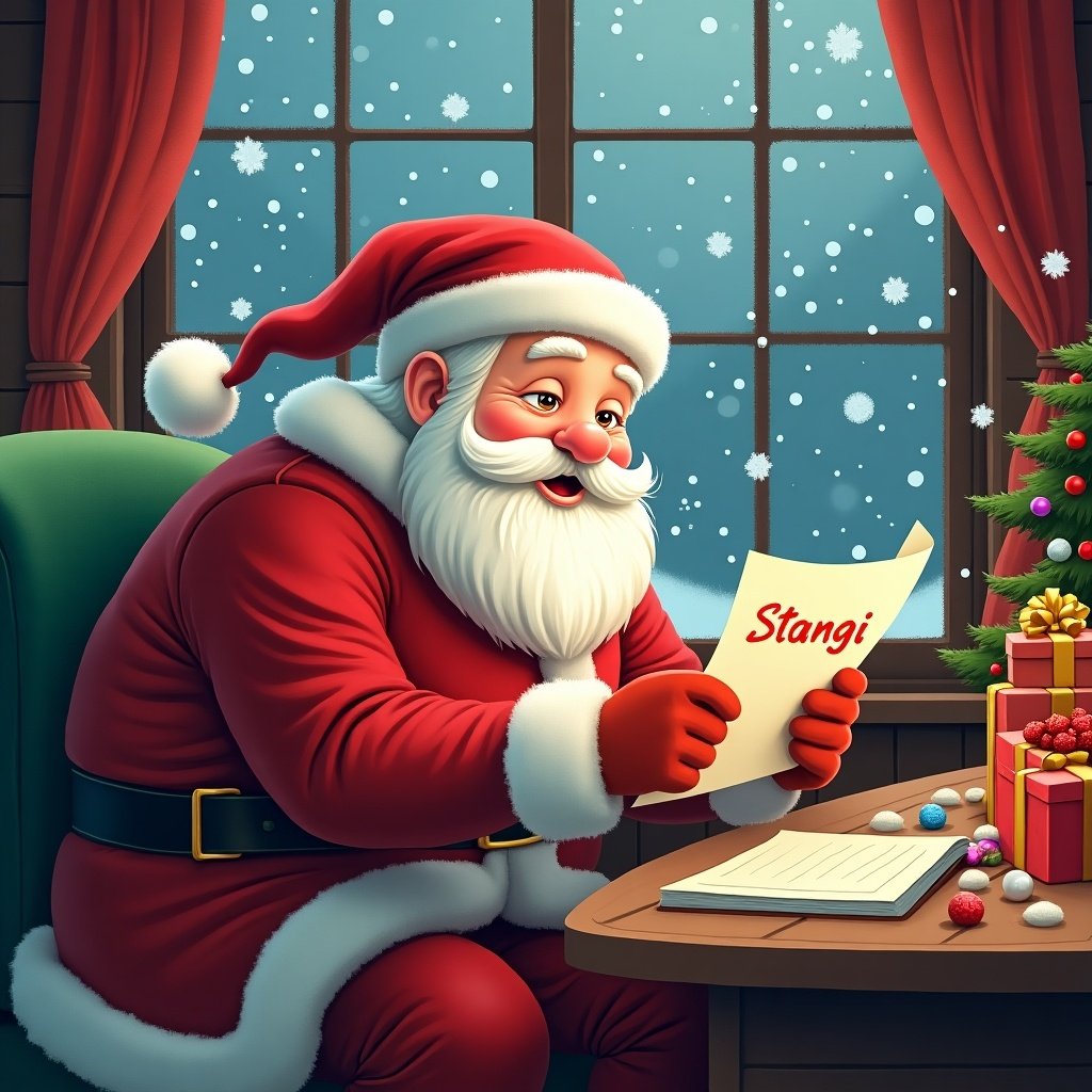 The image depicts Santa Claus seated comfortably in a cozy room during the holiday season. He is wearing his traditional red suit and hat, with a warm smile on his face. In his hands, he holds a letter addressed to 'Stangi' while surrounded by a beautifully decorated Christmas tree and colorful presents. Snow is gently falling outside the window, adding to the winter wonderland theme. The atmosphere is inviting and cheerful, capturing the essence of Christmas cheer and holiday magic.