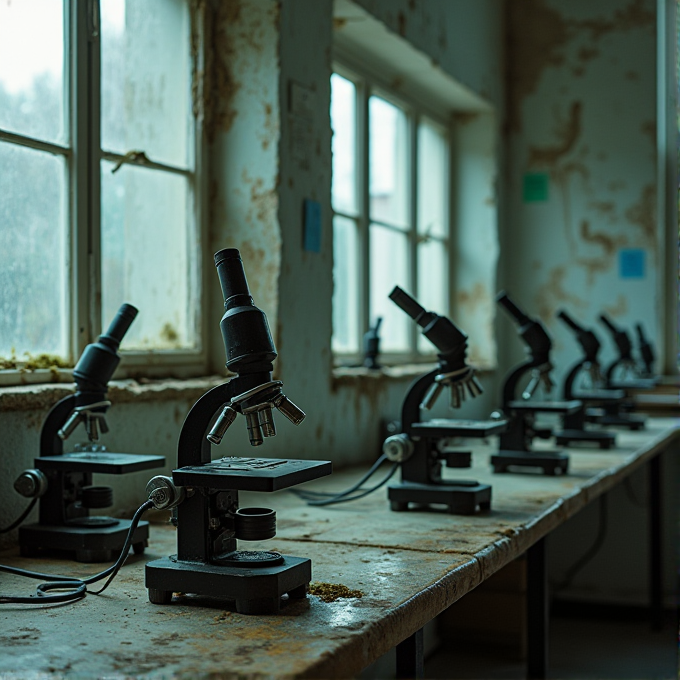 A row of old microscopes sits on a wooden table in a dimly lit, abandoned lab.