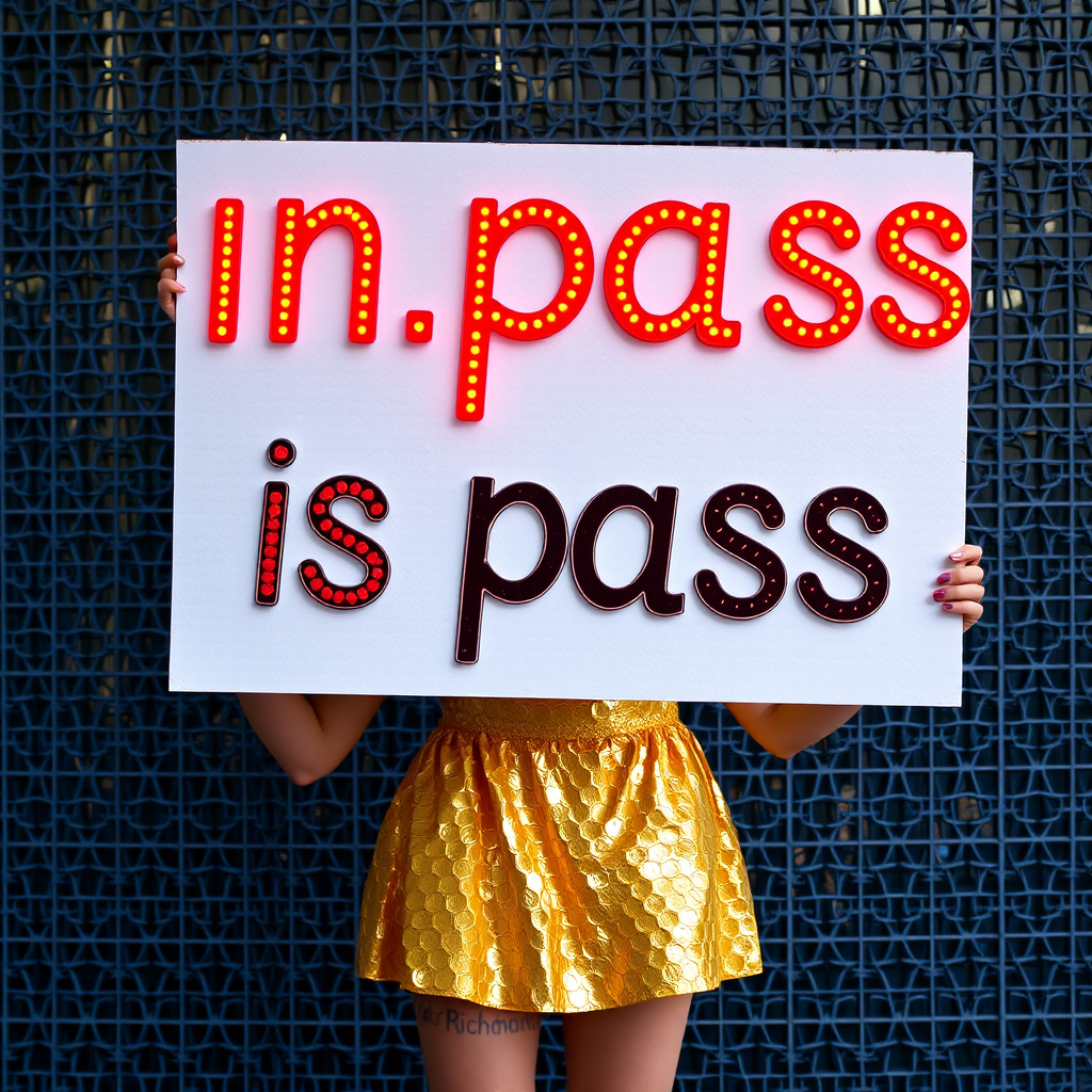 A person in a sparkly gold skirt holds a sign with illuminated text on a blue patterned background.