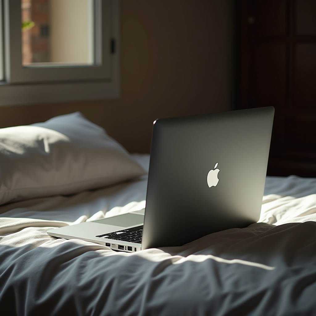 A sleek laptop sitting on a sunlit bed, evoking a sense of calm and productivity.