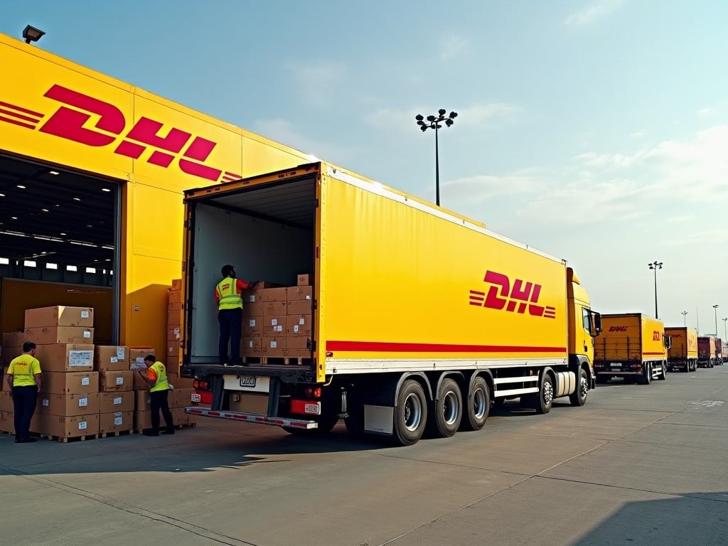 The image showcases a DHL truck being carefully loaded at a bustling DHL hub. Workers in bright vests are seen handling boxes, demonstrating efficient logistics operations. The environment is vibrant with DHL's signature yellow and red colors prominently displayed on the truck and building. Several trucks are lined up, indicating a busy loading dock. The scene suggests a focus on timely delivery and logistics management.