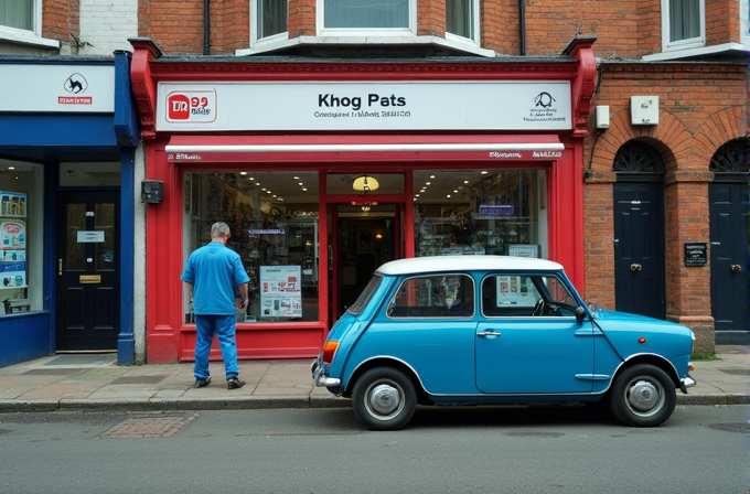 A vintage blue Mini Cooper is parked in front of a quaint pet shop with a red and white storefront, as a man in blue walks nearby.