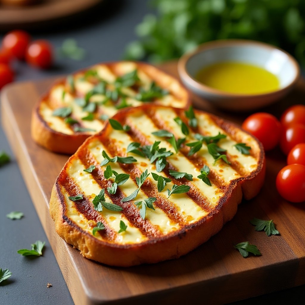 The image features two thick slices of grilled halloumi cheese toast on a wooden board. The cheese has char marks, indicating it’s been expertly grilled. Fresh herbs, including parsley and oregano, are sprinkled generously on top. There are vibrant cherry tomatoes and a small bowl of olive oil accompanying the dish. The overall presentation is bright and appetizing, ideal for food enthusiasts or anyone interested in Mediterranean flavors.