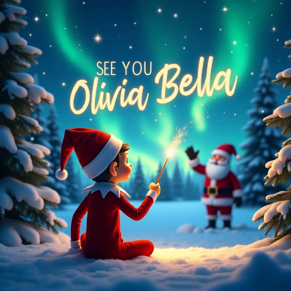 An adorable elf on the shelf is sitting with his back to the viewer, facing a mesmerizing night sky. He holds a magical wand, using it to write 'See you soon Olivia Bella' in whimsical letters that sparkle. The background is filled with beautiful northern lights illuminating a winter landscape. In the distance, Santa Claus waves cheerfully, adding to the festive atmosphere. Snow-covered trees frame the scene, enhancing the cozy, enchanting feeling of Christmas.