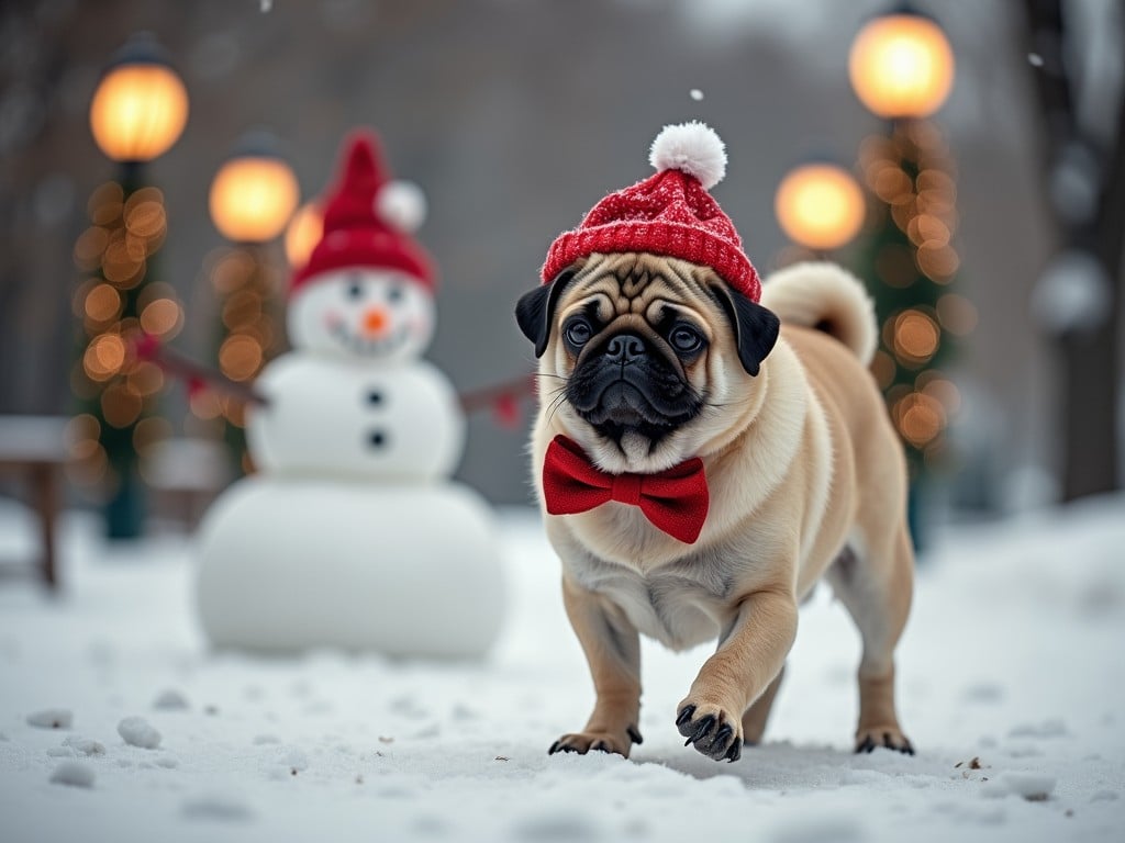 This whimsical image captures an adorable pug in a snowy setting, dressed in a red winter hat and a matching red bow tie. The background features a cheerful snowman and softly glowing lanterns, creating a warm, festive atmosphere despite the cold surroundings. The composition evokes a sense of joy and holiday cheer, with the pug appearing to be proudly marching toward the viewer.