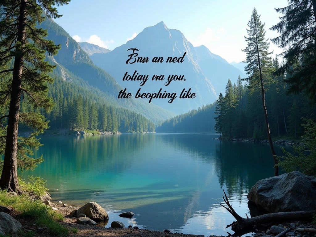 This image depicts a tranquil lake surrounded by majestic mountains and dense forests. The water is clear, reflecting the surrounding greenery and blue sky. The scene evokes a sense of peace and tranquility, inviting viewers to imagine being in a serene natural setting. Tall trees frame the view, adding depth to the composition. The overall atmosphere is calm and soothing, perfect for a getaway into nature.