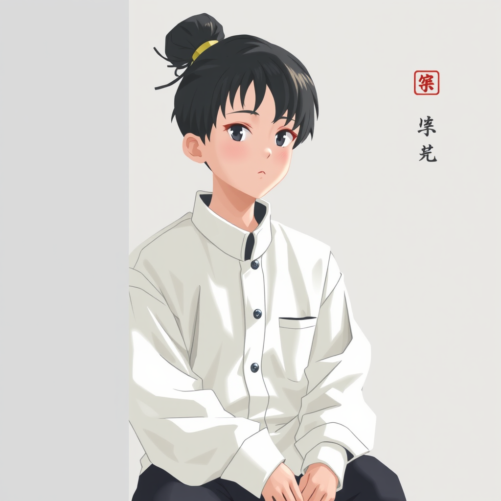 An anime character with dark hair tied in a bun, wearing a white button-up shirt, sitting thoughtfully.