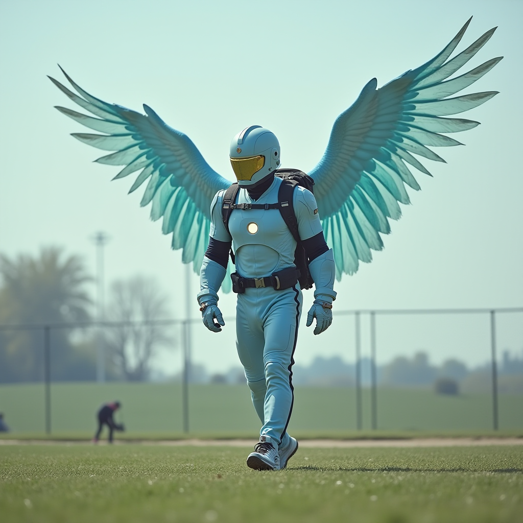 A person wearing an advanced skydiving suit with blue metallic wings walks confidently on a grassy field.