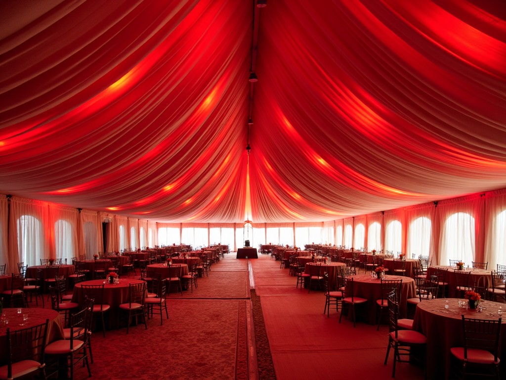 This image shows an elegantly decorated event tent set for a celebration. The interior features rich red lighting that casts a warm glow on the draped fabric of the tent. Round tables are set for guests, each adorned with elegant tableware. The large windows allow natural light to filter in, creating a soft ambiance. This setting is perfect for weddings, formal dinners, or large gatherings, showcasing a sophisticated atmosphere.