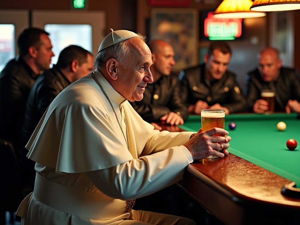 A person in traditional religious attire holding a beer at a bar, with several individuals in casual leather jackets in the background, near a billiards table.