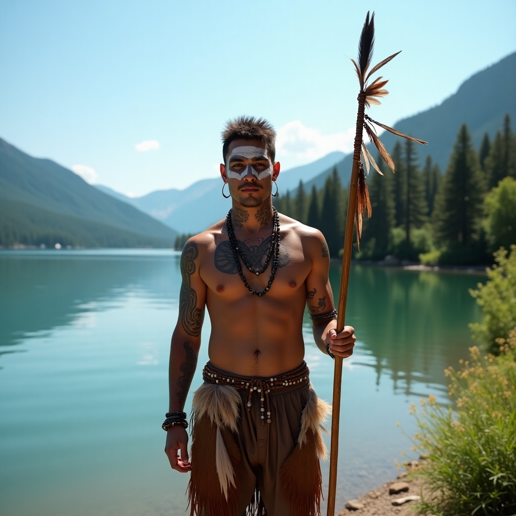 A person stands by a serene lake, dressed in traditional attire. They have intricate face paint and tattoos, showcasing cultural heritage. A wooden staff is held confidently in their hand. The background features stunning mountains and lush greenery. The sunlight illuminates the scene, creating a vibrant atmosphere.