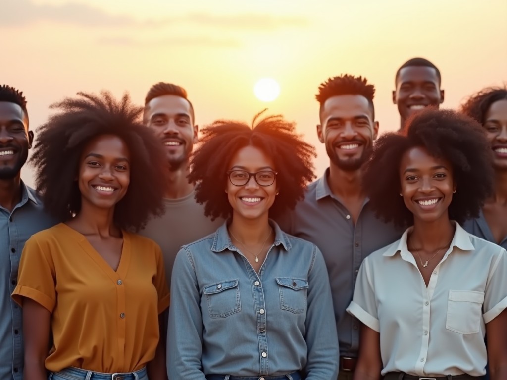 The image shows a diverse group of people smiling together against a beautiful sunset backdrop. They have varying hairstyles and clothing styles, symbolizing unity and joy. The sunset creates a warm and inviting atmosphere. Each person radiates happiness and camaraderie, reflecting a sense of community. This scene is ideal for promoting messages of togetherness and diversity.