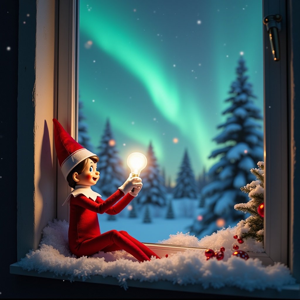 A cheerful elf on a shelf sits by a window during winter, gazing out at the stunning northern lights in the sky. The elf is holding a bright light bulb with an excited expression on his face. The window ledge is adorned with snow and holiday decorations, contributing to the festive spirit. Outside, snow-covered trees create a magical atmosphere. The scene captures the anticipation of Christmas and the enchantment of winter. The elf faces the dazzling northern lights, embodying joy and wonder.