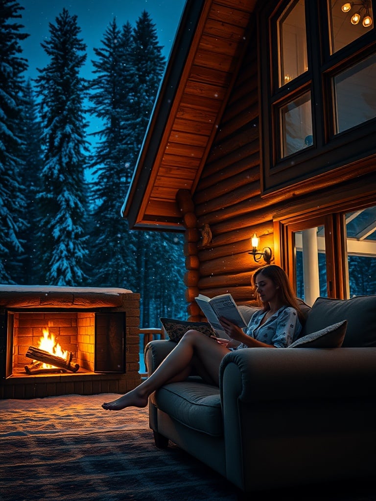 In a cozy winter setting, a woman is comfortably seated on a sofa by an outdoor fireplace attached to a wooden cabin. The scene is set at night, with snow falling gently and the warm glow of the fire contrasting against the cool, snowy forest backdrop. The cabin's warm lamplight and the serene ambiance create a sense of tranquility and relaxation.