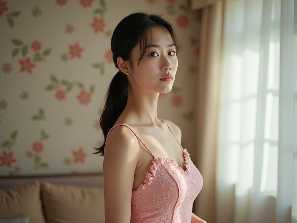 The image portrays a woman in a delicate pink outfit, standing near a window with soft, natural light illuminating her. She has a calm expression and is gazing slightly away from the camera. The background features floral wallpaper, adding a touch of warmth and femininity. The composition captures her elegance and grace in a serene home setting. This scene evokes feelings of tranquility and beauty.