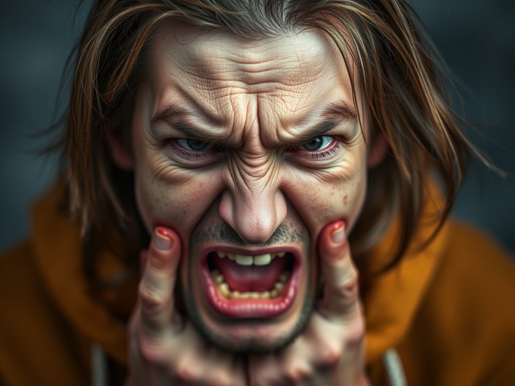 The image portrays an intense close-up of a person with an expression of extreme frustration or anger. Their hands grip their face tightly, enhancing the emotional tension. The details are incredibly sharp, with fine lines of stress evident on the face, and the background is blurred, keeping the focus solely on the subject.