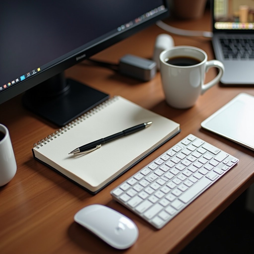 This image depicts a neatly arranged workspace. On a small brown desk, you can see a journal and pen placed prominently. A steaming cup of coffee sits nearby, alongside a computer monitor and a laptop. A sleek keyboard and mouse complement the setup. The overall atmosphere suggests productivity and focus, perfect for a working environment.