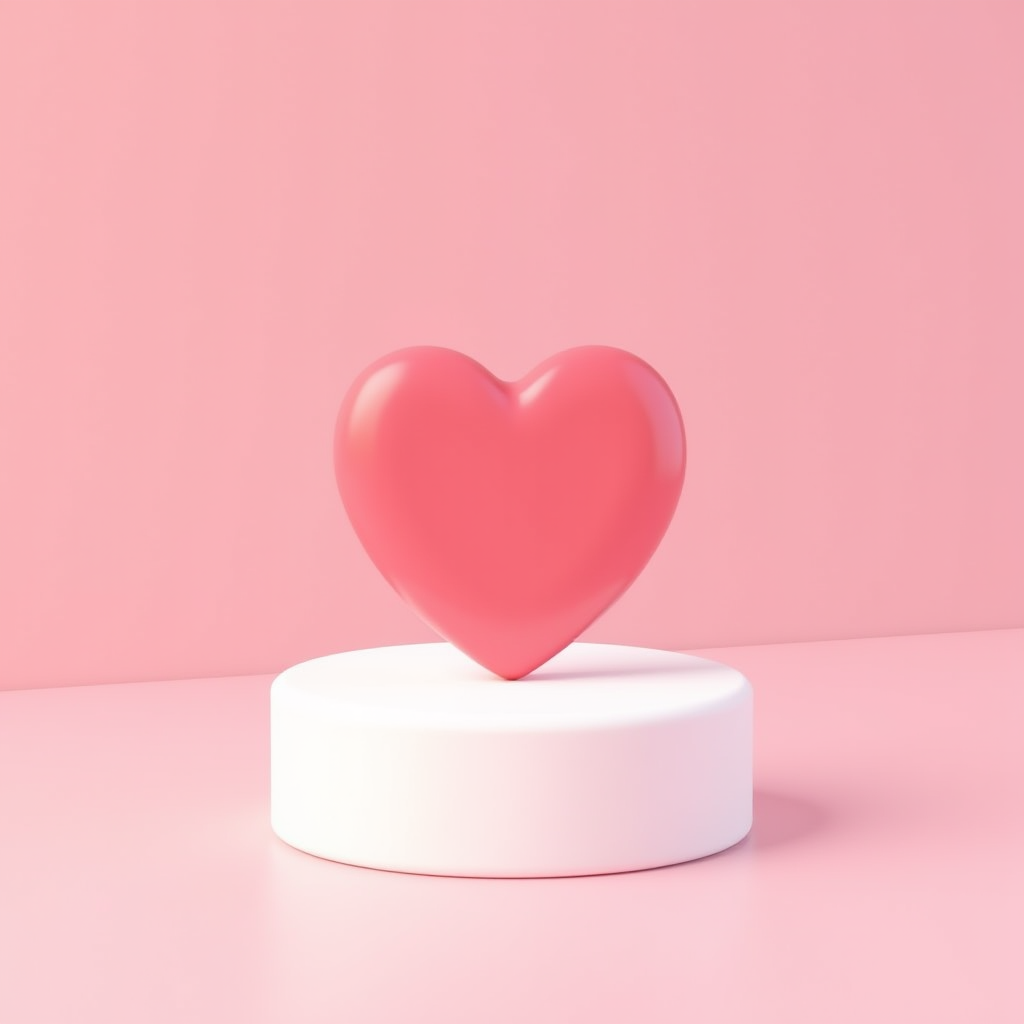 This image features a minimalistic and aesthetically pleasing design. At the center is a large, glossy red heart, symbolizing love or affection. The heart is placed on a stark white circular pedestal, which enhances its prominence. The entire scene is set against a soft pink background, creating a harmonious and gentle atmosphere. The composition is simple yet striking, with a focus on shape and color.