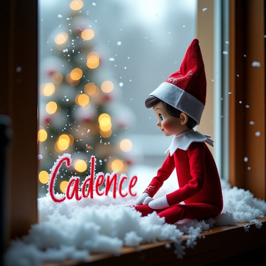 This image depicts a charming scene of an elf on the shelf sitting by a snowy window. The elf, dressed in a classic red outfit, is intently writing the name 'Cadence' in the snow. Behind the elf, a beautifully decorated Christmas tree with twinkling lights adds to the festive ambiance. The atmosphere is magical with softly falling snow outside the window. This scene captures the spirit of the holiday season, highlighting a beloved tradition of the Elf on the Shelf.