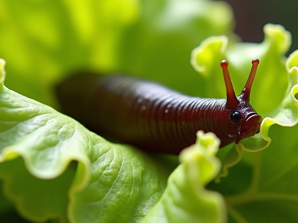 A close-up image of a dark brown slug on a fresh, green lettuce leaf. The slug's body is shiny and moist, highlighting its texture and ridges. The background is softly blurred, keeping the focus entirely on the slug and the leaf. The lettuce leaf has jagged edges and vibrant green color, indicating freshness. The slug is moving along the edge of the leaf, with one of its tentacles raised, exploring its surroundings.