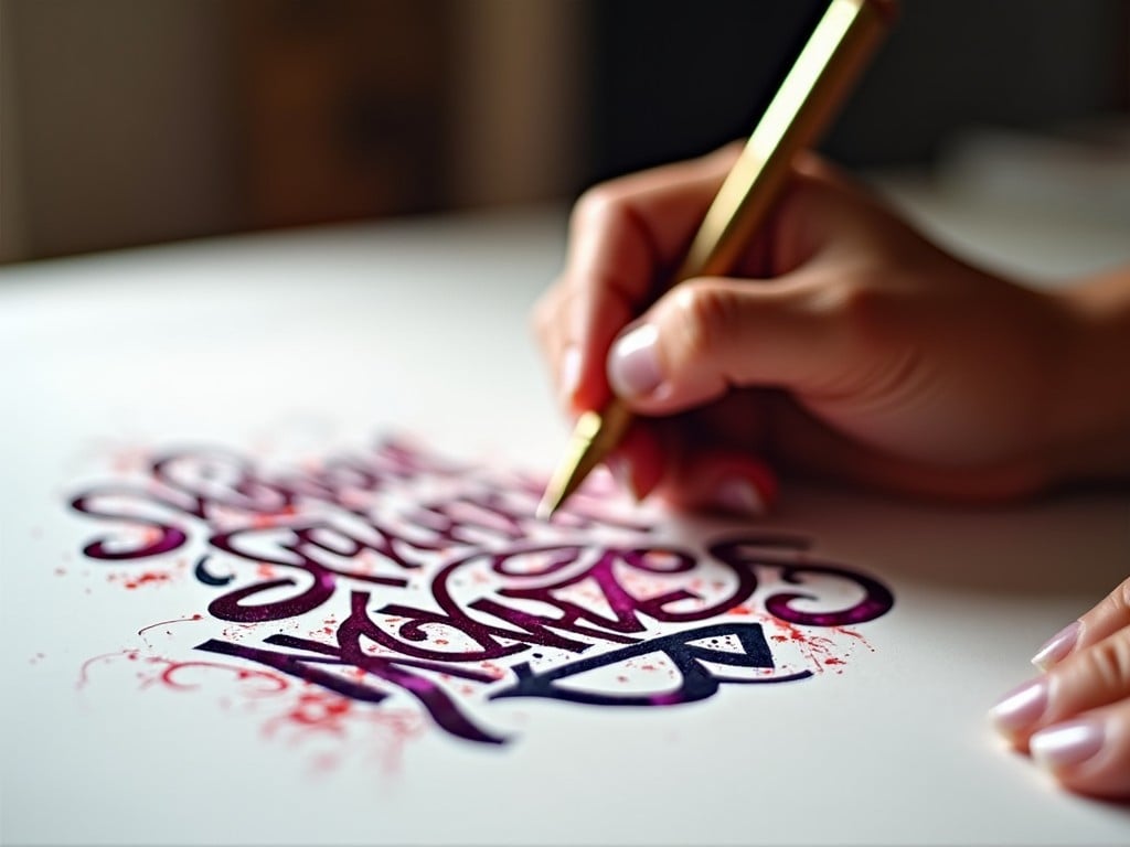 This image features a lady delicately crafting Malayalam calligraphy with a bold, contrasting ink on a pristine white surface. The colors used include a rich purple with splashes of red, providing a striking outline to the elegant script. The hand holding a pen is focused, showing the intricate detail and care put into each stroke. Natural light softly illuminates the scene, highlighting the creativity involved in calligraphy. This scene encapsulates the beauty of traditional writing combined with modern artistic expression.