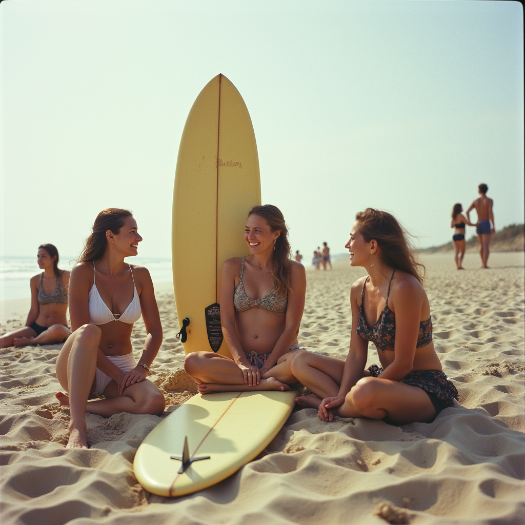 Three women in swimsuits are sitting on the sand with a yellow surfboard, enjoying their time together at the beach.